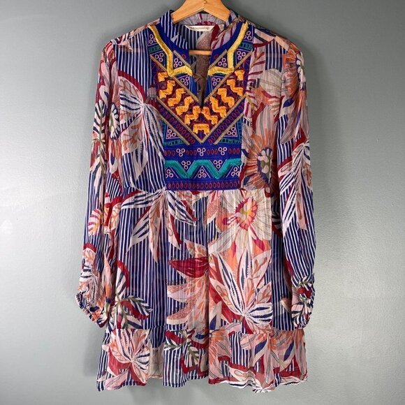 Soft Surroundings Tory Tunic Womens Sz XS Floral Stripes Sheer Boho Embroidered - Picture 2 of 11